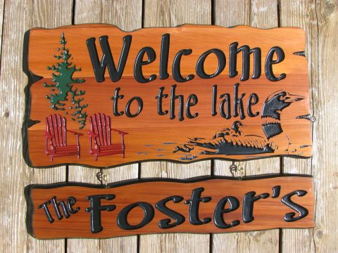 Wooden sign tress chairs loon